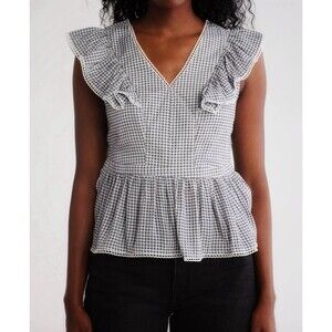 Nanette Lepore Gingham Top Ruffle Sleeve Top Babydoll Black and White Sz Medium